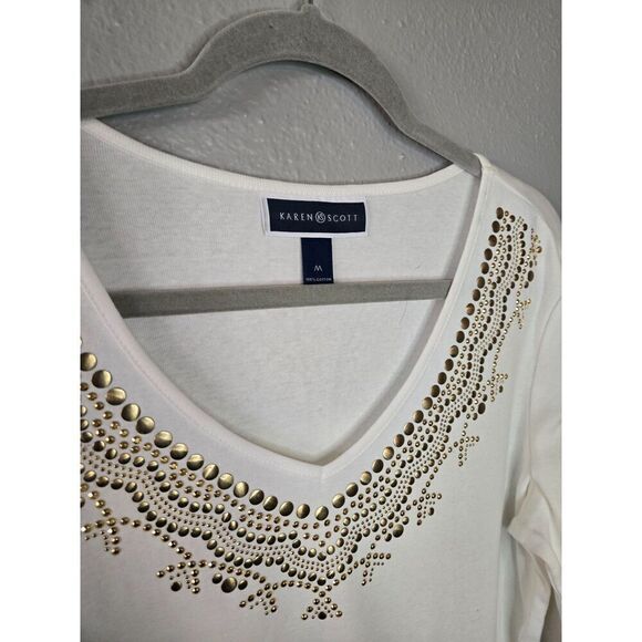 Karen Scott Women's NWT White Embellished 3/4 Sleeve Top Size Medium - Picture 4 of 4